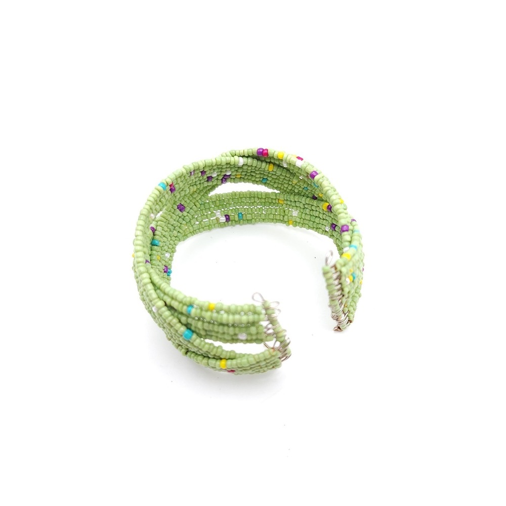 Green Seed Bead Coil Bracelet‎ Boho Multi Strand Cuff - Picture 2 of 5